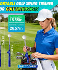 Retractable Golf Swing Trainer With Click Feedback For Right Handed Players, Tempo Stick Golf Practice Aid, woman holding trainer