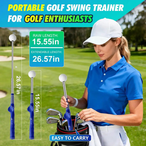 Retractable Golf Swing Trainer With Click Feedback For Right Handed Players, Tempo Stick Golf Practice Aid, woman holding trainer