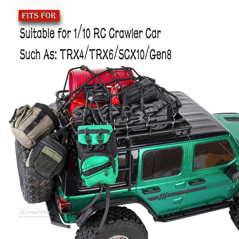 Beefed Up Roof Rack Accessory Kit For 1/10 Scale RC Crawlers featuring luggage bag, toolbox, and fuel tanks on green RC model.