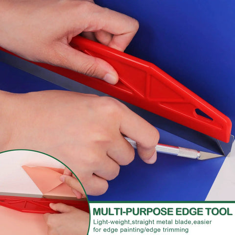 Close-up of red edge tool in Wallpaper Smoothing Tools Kit With Squeegee Smoother Seam Roller And Brush Pro Grade.