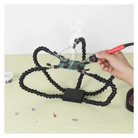 Pro Grade Flexible Third Hand Soldering Station with Four Arms, Adjustable Goosenecks, holding PCB for electronics repair