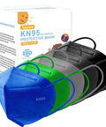 Colorful KN95 Disposable Face Masks For Children Pack Of 50, 5 Layer Breathable Protective Kid Sized Masks, in blue, green, gray, black.