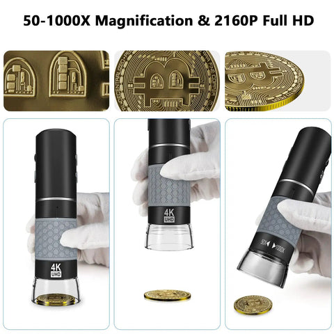 4K Wireless Digital Microscope Handheld HD USB Inspection Camera Endoscope With Stand, 50x To 1000x Magnification, Compatible With iPhone iPad Android Phone Tablet Windows Mac, Live View, Zoom, And Precise Micro Inspections, handheld 4K microscope over Bitcoin coin