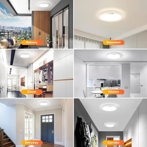Two Pack Motion Sensor LED Ceiling Light 7 Inch 15W Flush Mount With Selectable 2700K 4000K 6500K Color Temps installed in various locations