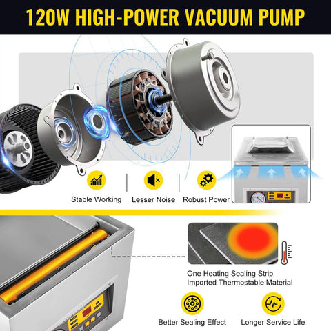 120W high-power vacuum pump components of Heavy Duty Automatic Chamber Vacuum Sealer For Food Packaging And Sous Vide Cooking With Digital Display Kitchen Freshness Preserver Machine.