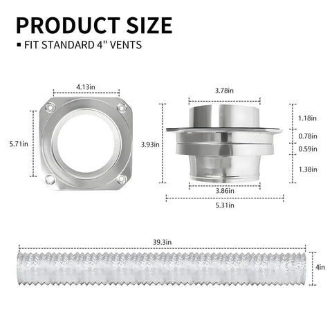 Magnetic Dryer Vent Connector Kit With Aluminum Alloy Shell dimensions showing 4-inch vent compatibility, hose length 39.3 inches