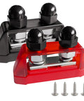 Ridiculously Strong 3/8 Power Distribution Block Bus Bar Offering Dead Serious Two Hundred Fifty Amps And Dual M10 Studs, black and red blocks with screws.