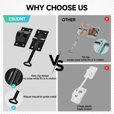 Comparison of Silent Snap RV Door Holder With Elastic Snap Base and a generic latch, highlighting design and material differences.