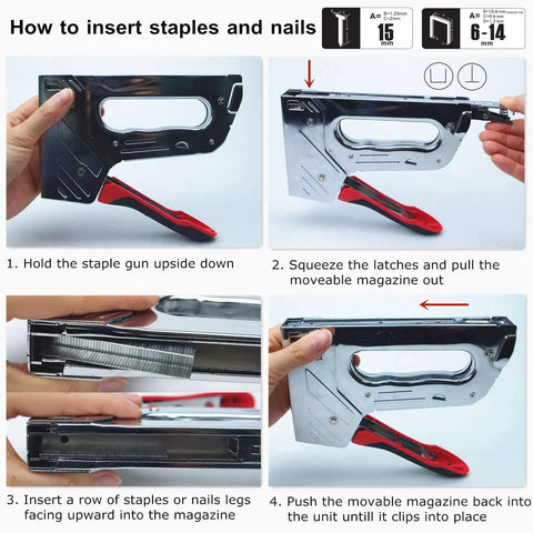 Instructional guide on using Beefy Workhorse 2 In 1 Manual Stapler And Nail Gun Kit with 1500 staples and nails
