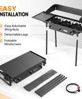 Three Burner Outdoor Propane Stove With Side Shelf And Carrying Bag 225000 BTU Gas Cooker disassembled with parts shown