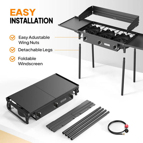 Three Burner Outdoor Propane Stove With Side Shelf And Carrying Bag 225000 BTU Gas Cooker disassembled with parts shown