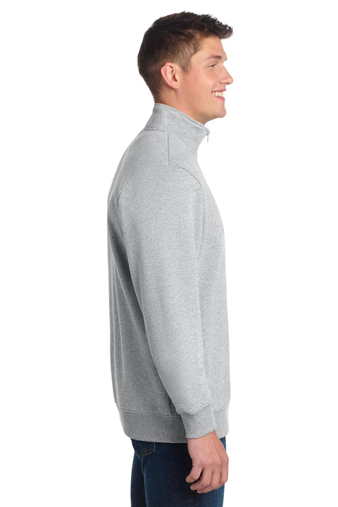 Unisex Quarter Zip Fleece Pullover Sweatshirt For Men And Women, side view in light gray, rib knit cuffs, perfect for casual wear.