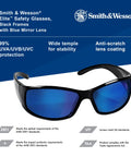 Elite Safety Glasses With Blue Mirror Lenses Black Frame ANSI Z87.1 Rated Outdoor Sunglasses For Eye Protection Built For All Day Comfort Smoke Tint 12 Pairs Per Case with UV protection and anti-scratch coating.