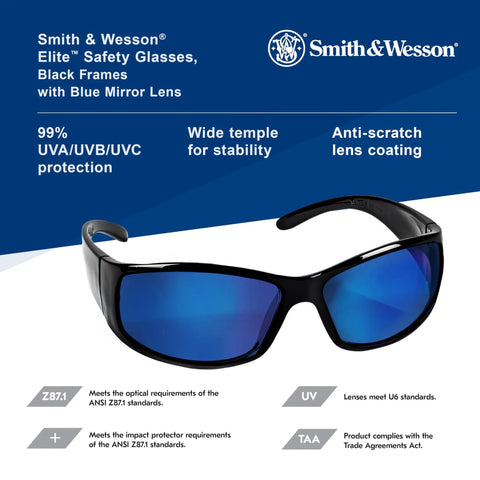 Elite Safety Glasses With Blue Mirror Lenses Black Frame ANSI Z87.1 Rated Outdoor Sunglasses For Eye Protection Built For All Day Comfort Smoke Tint 12 Pairs Per Case with UV protection and anti-scratch coating.
