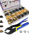 Heavy Duty Snap Button Kit With 100 Sets Of 15mm Metal Snaps For Clothing Leather Canvas And Boat Covers Includes Press Stud Tool With Three Dies And Clear Storage Box Four Color Pack Pro Grade displayed