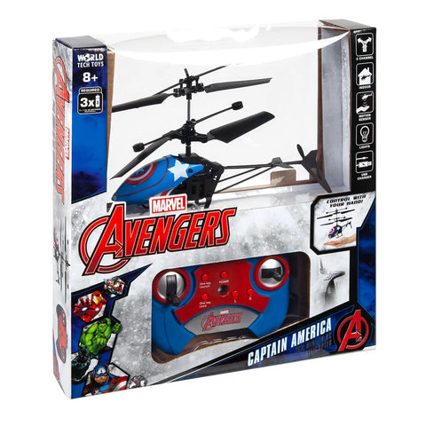 Captain America RC Helicopter For Kids 8 Plus Easy Fly Remote Control Toy with LED Lights in retail packaging.