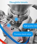 Heavy Duty Single Head Paste And Liquid Filling Machine With Heating Mixing Hopper And Anti Drip Piston Setup detail showing high-quality clamps and precision check valves.