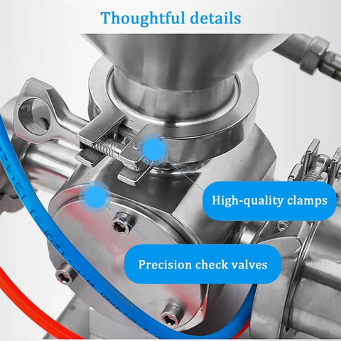 Heavy Duty Single Head Paste And Liquid Filling Machine With Heating Mixing Hopper And Anti Drip Piston Setup detail showing high-quality clamps and precision check valves.