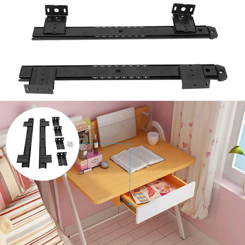Level Up Your Workstation Game With This Sweet 2 Pack 14 Inch Keyboard Slide Drawer Rails Crafted From Heavy Cold Rolled Steel, shown mounted under a desk.
