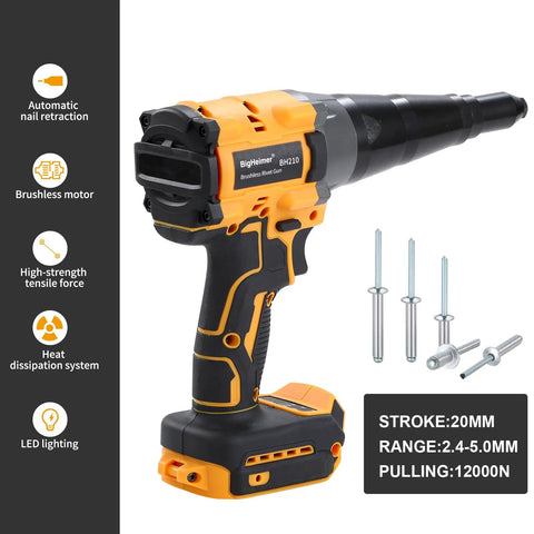 No Fuss Brushless Rivet Gun Pulling 12000 Newtons Of Rock Solid Grip With Quick Auto Reverse Toggle Ships Loaded With Three Mandrel Sizes, featuring brushless motor and automatic nail retraction.