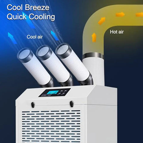 Heavy Duty Portable Air Conditioner With Three Slick Adjustable Nozzles For Workshops And Warehouses Featuring No Sweat Digital Remote Quick Chill Compressor Temp Fan Speed And Timer, showing cool air flow.