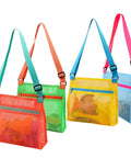 Mesh Beach Bags For Shells Collecting 4 Pack showing orange, green, yellow, and blue colors with adjustable straps and zipper pockets