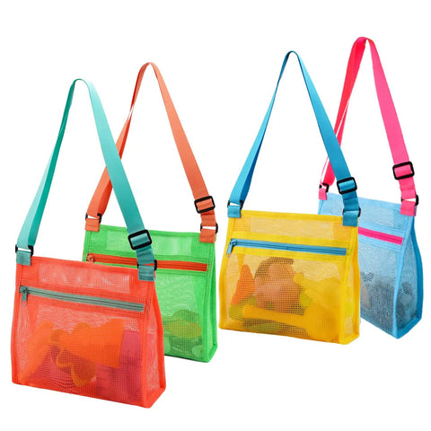 Mesh Beach Bags For Shells Collecting 4 Pack showing orange, green, yellow, and blue colors with adjustable straps and zipper pockets