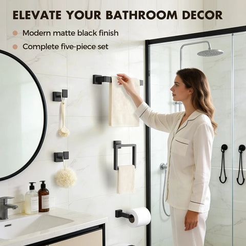 Woman installing Matte Black 5 Piece Bathroom Hardware Set Made Of SUS304 Stainless Steel Wall Mounted Towel Bar and Hooks