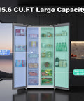 Killer Side By Side Refrigerator In Matte Black Offering 15.6 Cubic Feet Of Straight Up Family Storage Plus Huge Freezer Section For Your Ultimate Kitchen Flex with open doors showing internal storage.