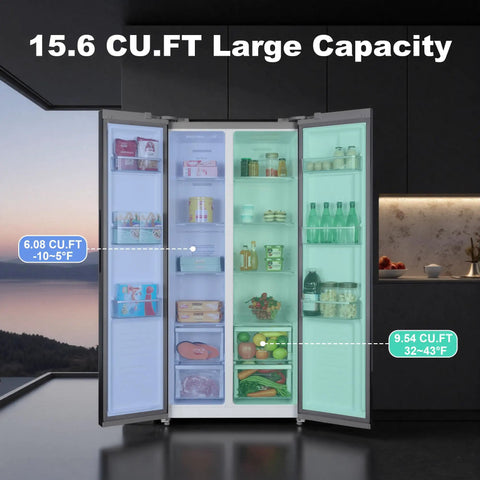 Killer Side By Side Refrigerator In Matte Black Offering 15.6 Cubic Feet Of Straight Up Family Storage Plus Huge Freezer Section For Your Ultimate Kitchen Flex with open doors showing internal storage.
