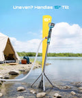 Cordless Stick Water Transfer Pump With Tripod Stand Hands Free on rocky lake shore showing 15-degree tilt stability