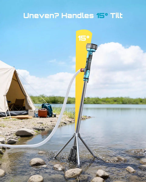 Cordless Stick Water Transfer Pump With Tripod Stand Hands Free on rocky lake shore showing 15-degree tilt stability