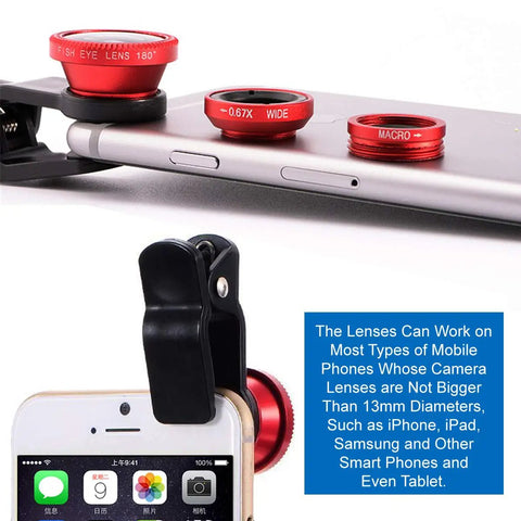 3 In 1 Universal Fish Eye Lens Macro Clip Lens Wide Angle Kit For iPhone Android iPad And Most Smartphones, red lenses displayed on smartphone.