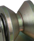 Close-up of Heavy Duty V Groove Caster Wheel Three Inch Steel Pulley Built Like A Tank For Sliding Doors And Industrial Carts.