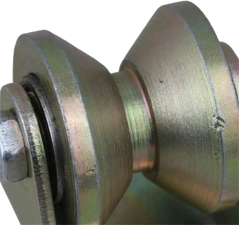 Close-up of Heavy Duty V Groove Caster Wheel Three Inch Steel Pulley Built Like A Tank For Sliding Doors And Industrial Carts.