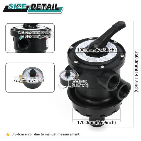 Top Mount Multiport Valve Replacement SP0714T dimensions for sand filter systems with position control and VariFlo compatibility