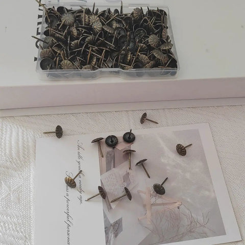 Top Shelf Antique Brass Daisy Upholstery Tacks And Slick Decorative Furniture Nails Pro Grade Pack Of 200 Pieces, showing decorative nails in a clear box.