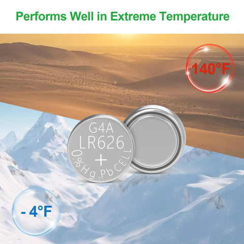 SR626SW Watch Battery 10 Pack AG4 Alkaline Button Cell 377 376 LR626 1.5V shown in extreme temperature settings.