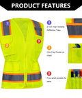 Womens High Visibility Safety Vest Featuring Hella Breathable Mesh Fabric Adjustable Waist Belt Multiple Storage Pockets Smooth Zipper showing reflective tape and pockets.