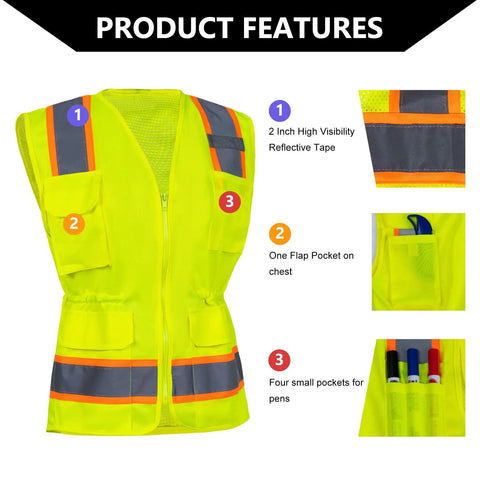 Womens High Visibility Safety Vest Featuring Hella Breathable Mesh Fabric Adjustable Waist Belt Multiple Storage Pockets Smooth Zipper showing reflective tape and pockets.