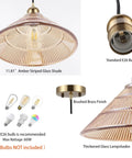 Amber striped glass shade with brushed brass base, showcasing E26 bulb fitting, Three Light Globe Pendant Ceiling Fixture In Brushed Brass With White Glass Globes Modern Mid Century Chandelier For Dining Room Living Room Kitchen Island.