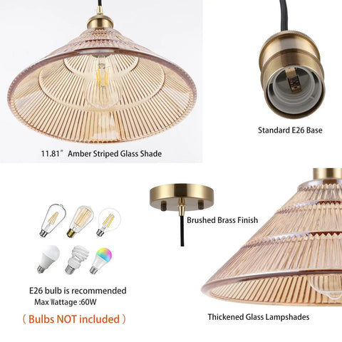 Amber striped glass shade with brushed brass base, showcasing E26 bulb fitting, Three Light Globe Pendant Ceiling Fixture In Brushed Brass With White Glass Globes Modern Mid Century Chandelier For Dining Room Living Room Kitchen Island.