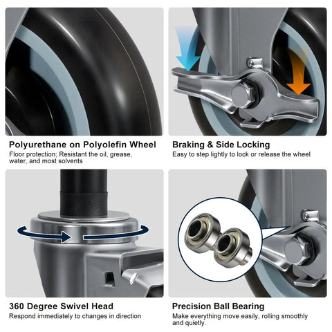 Grit Proof Heavy Duty Expanding Stem Casters Set Of Four For Standard One Inch Tube Legs Quiet Polyurethane wheel with locking feature.