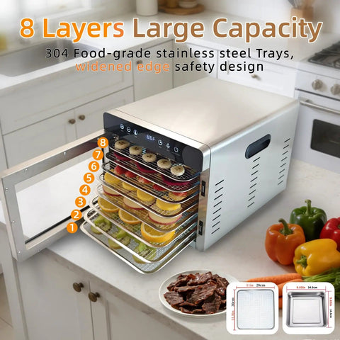 Pro Built 1000W Food Dehydrator With 8 Durable Stainless Steel Trays Plus Quick Setup Timer with various fruits and beef jerky displayed.