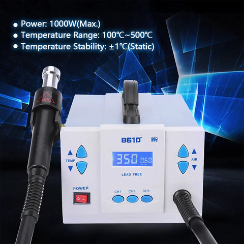 Front view of 1000W Digital Soldering Rework Station With Hot Air Gun For PCB Repair 110V US Plug LCD Display