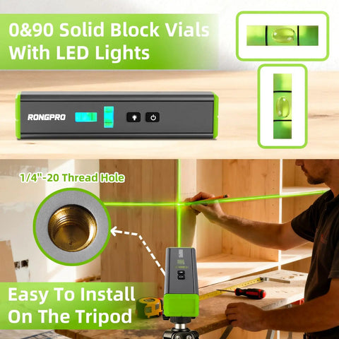 Portable Laser Level With Light And Magnetic Pocket Torpedo Tool For 15 Ft Cross Line Vertical And Horizontal Bubbles Handy For Hanging Pictures Walls And Home Renovation Projects Green Line, tripod mounted