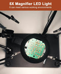 Top view of Two In One Magnetic Soldering Third Hand With Heavy Duty Metal Workbench Vise PCB Circuit Board Holder under magnifier.