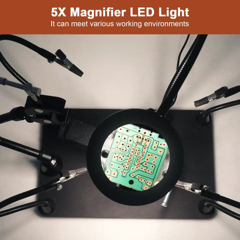 Top view of Two In One Magnetic Soldering Third Hand With Heavy Duty Metal Workbench Vise PCB Circuit Board Holder under magnifier.