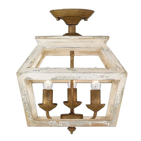 Haiden Semi Flush Mount Ceiling Light In Burnished Chestnut With Distressed Light Gray Cedar Wood Frame Cozy Farmhouse Modern Lantern Style