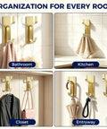Ditch the Drill with These Heavy Duty Adhesive Towel Hooks for Bathroom 4 Pack Stainless Steel Wall Mounts that Hold Heavy Loads Super Easy Peel Stick Hangers for Shower Gear and Keys in various room settings.